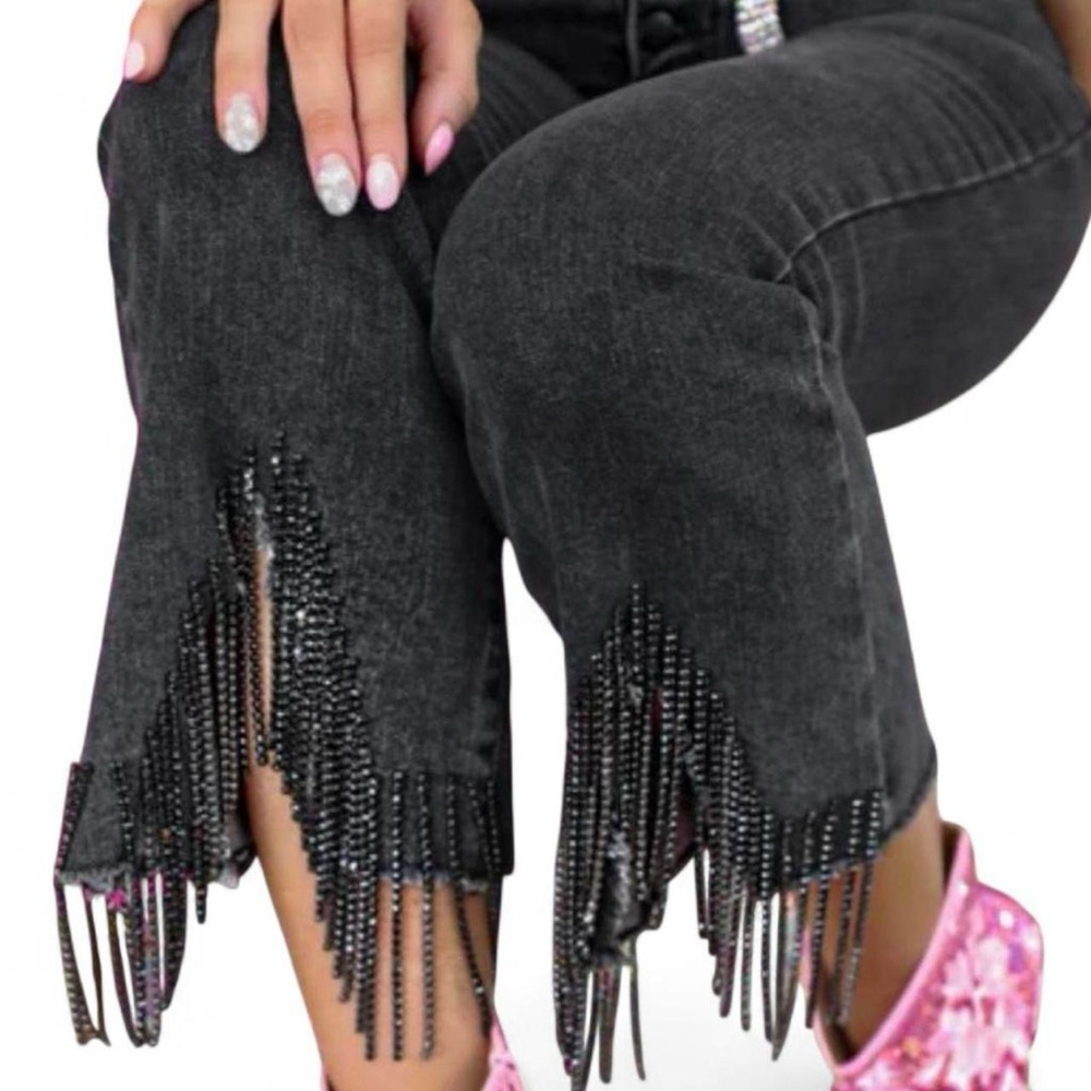 Black Rhinestone Fringed Women's Flare Jeans NWT BlueB Collection S